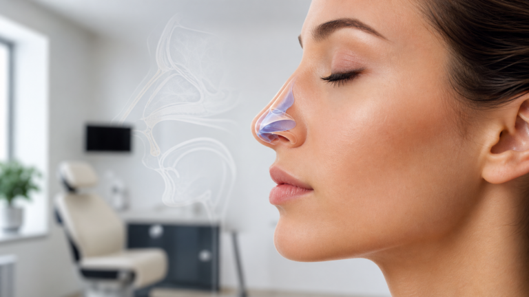 Diagram-style medical cover image showing nasal tip cartilage support after rhinoplasty