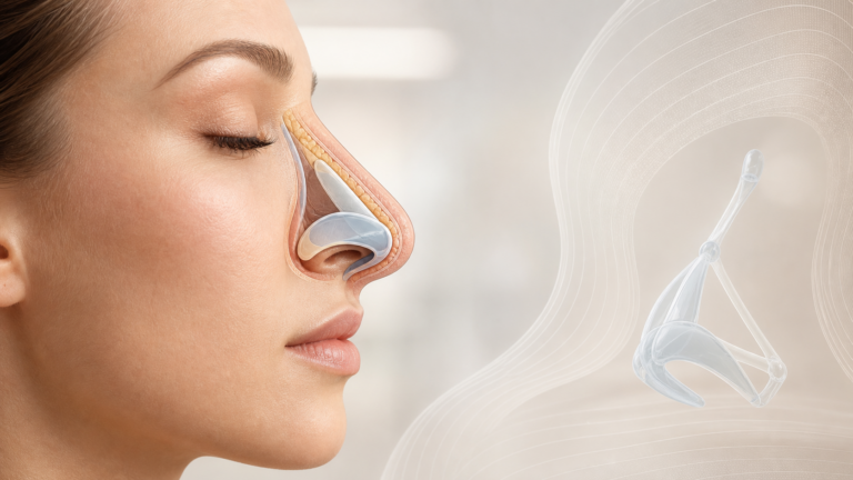 Medical illustration showing thick nasal skin over cartilage support for rhinoplasty